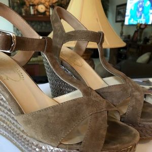 Taupe Suede Wedge Sandal. 7M